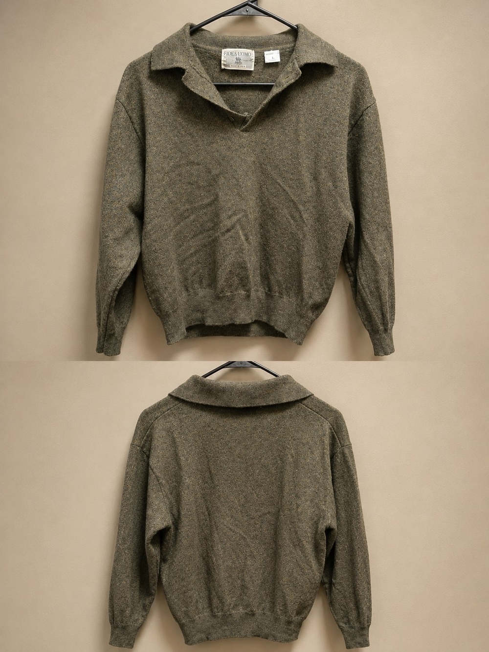 Idea Uomo Men’s Olive V-Neck Polo-Collar Wool Sweater Size Medium